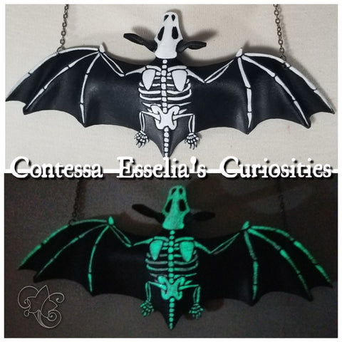 Glow-in-the-dark Leather Skeletal Bat Neckclace 3D